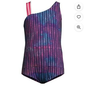 Lands' End G One Piece Sport Swimsuit Deep Sea Navy/Pink Geo size 7